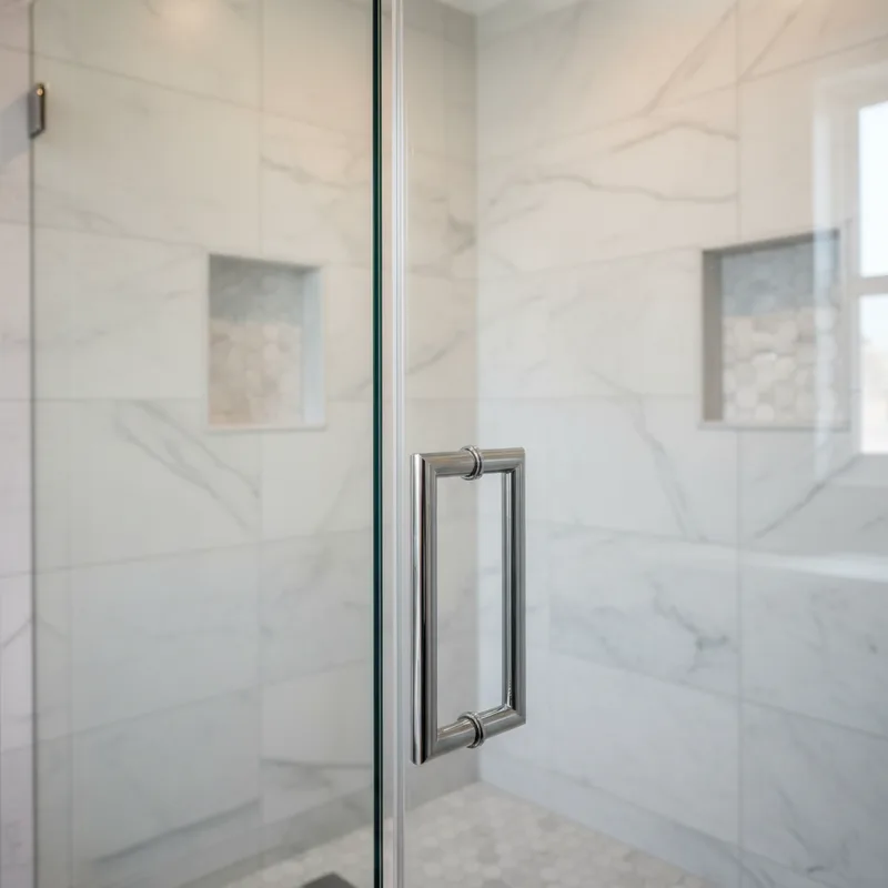 Close-up view of a frameless inline shower enclosure showing the polished chrome hinges and handles, with clear tempered g...