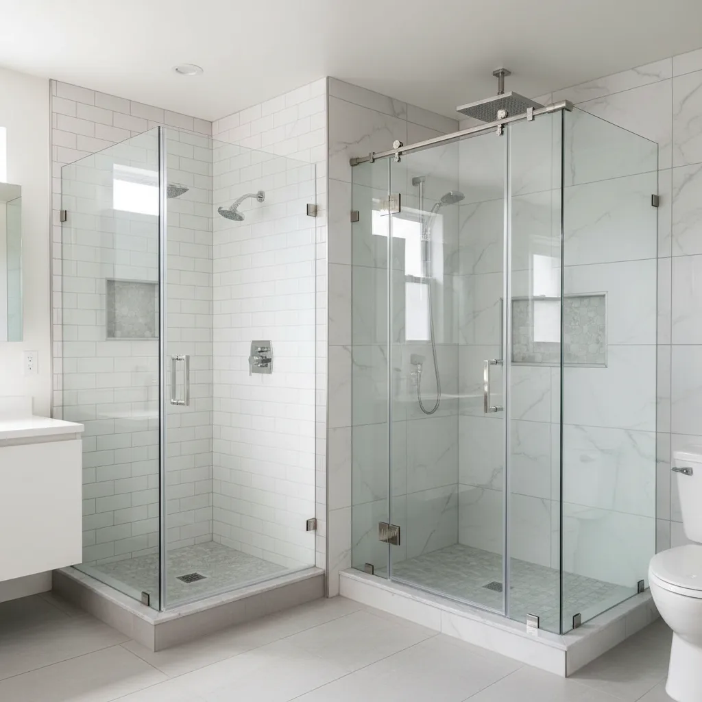 Two modern bathroom shower setups side-by-side in a bright, naturally-lit space