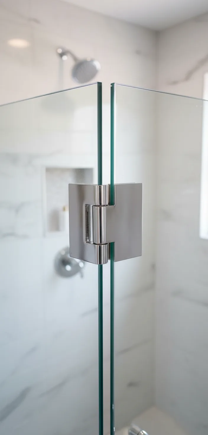 Close-up detail shot of frameless glass hinges and hardware on a modern shower enclosure, showing chrome polished finish a...