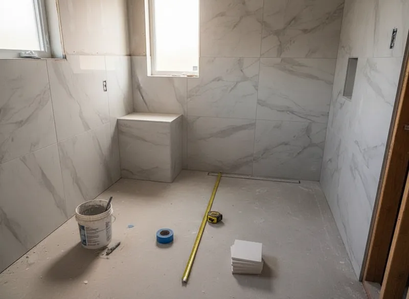 An overhead view of a bathroom under renovation showing partially completed tile work, exposed walls, and a tape measure l...