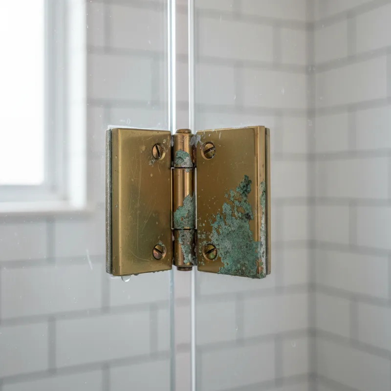 Close-up detail shot of a damaged shower door hinge showing corrosion and wear