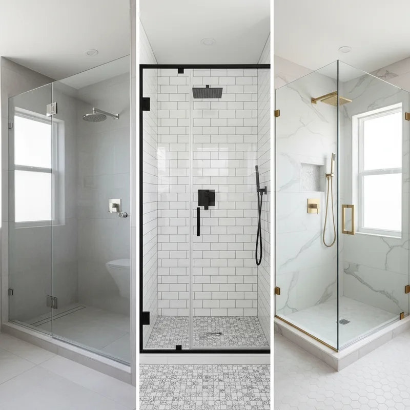 Split-screen or composite showing three different shower enclosure styles side by side in separate bathroom settings