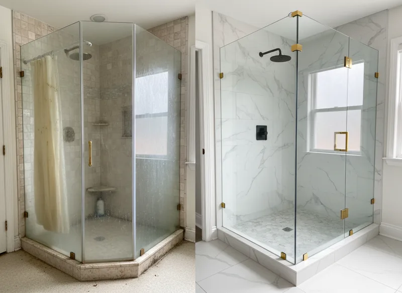 Side-by-side bathroom comparison: left side shows an older shower with cloudy glass doors and visible mold, right side sho...