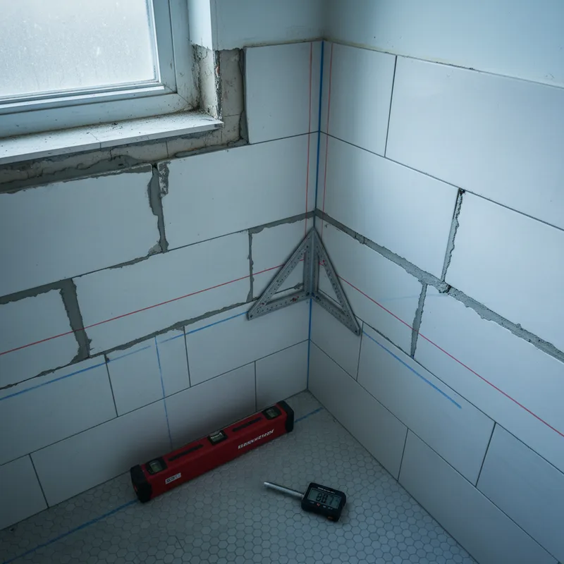 Overhead view of a Brooklyn bathroom corner with off-plumb walls and irregular tile work, showing how corner angles vary f...