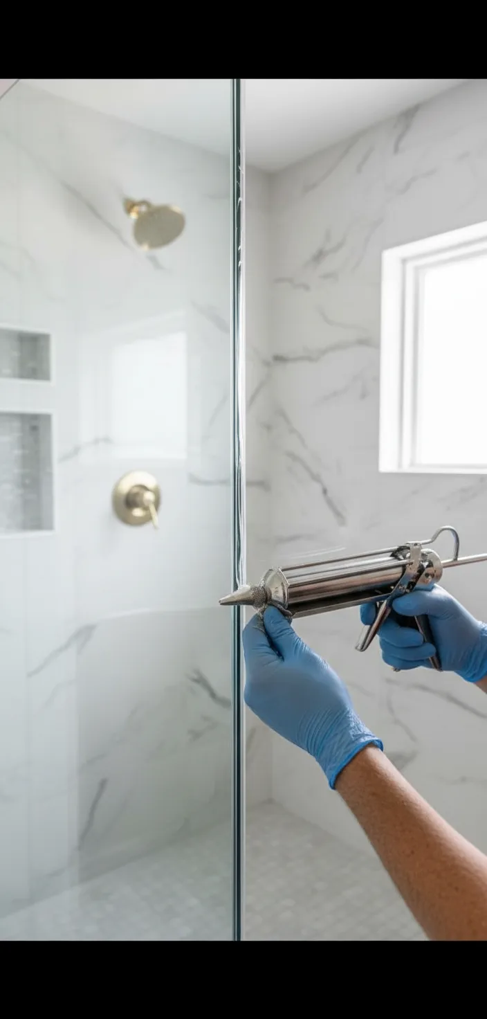 Close-up detail shot of professional installer carefully applying waterproof sealant around the corner joint of a corner a...