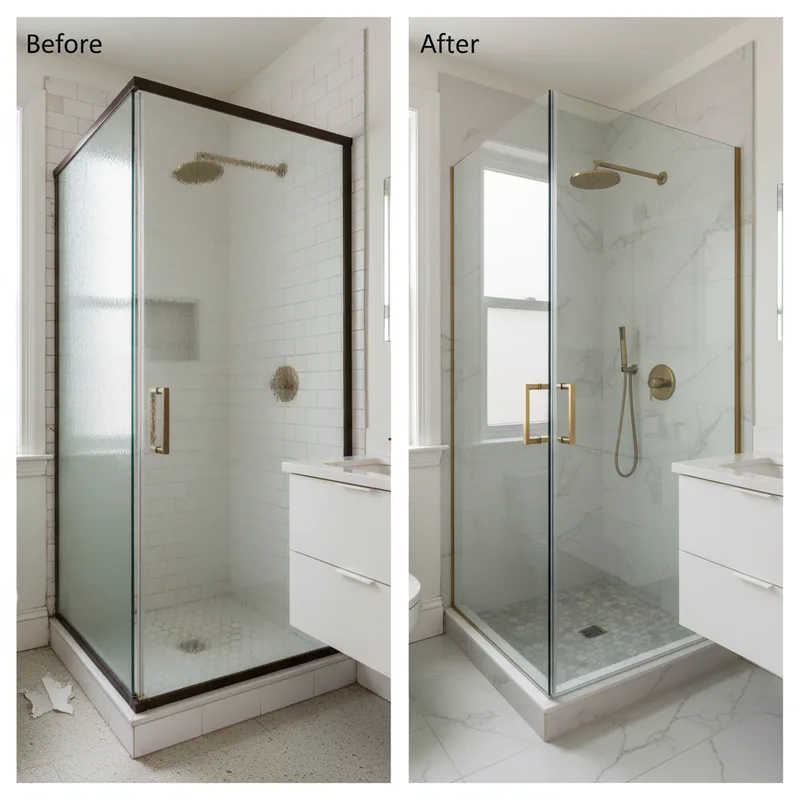 Before-and-after comparison showing a small Brooklyn bathroom: left side shows an older shower stall with a heavy framed e...