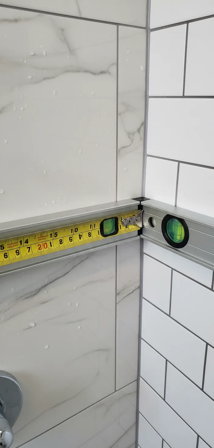 A close-up detail shot of a measuring tape and level against bathroom tile and wall corner, showing precision tools and th...