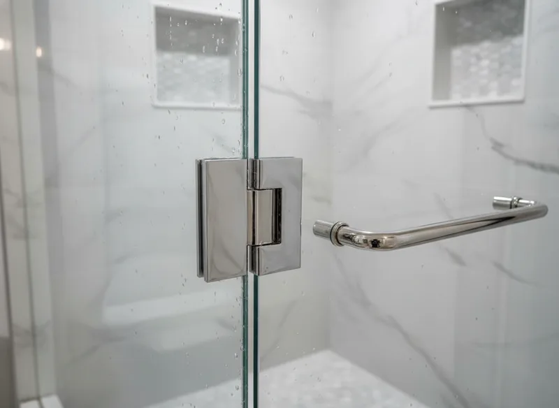 Close-up detail shot of high-quality chrome shower door hardware including hinges and handles, showing precision manufactu...