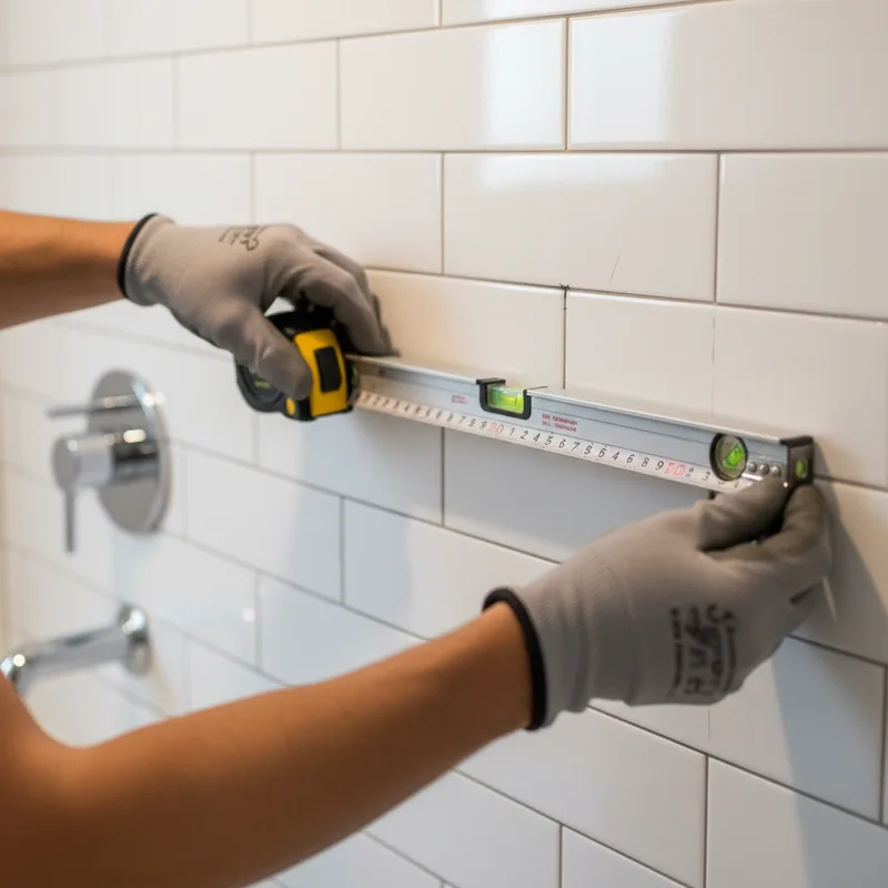 A technician using professional measurement tools on a bathroom wall preparing for shower enclosure installation, shown in...