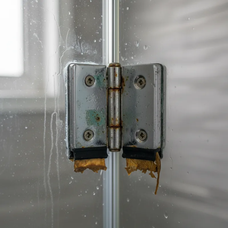 Close-up detail of a worn shower door hinge or seal showing corrosion, water stains, and deterioration
