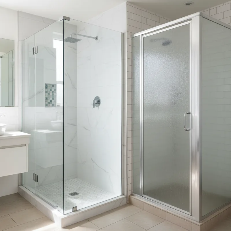 Interior bathroom view contrasting two shower enclosure styles side by side: a frameless glass enclosure on one side showi...
