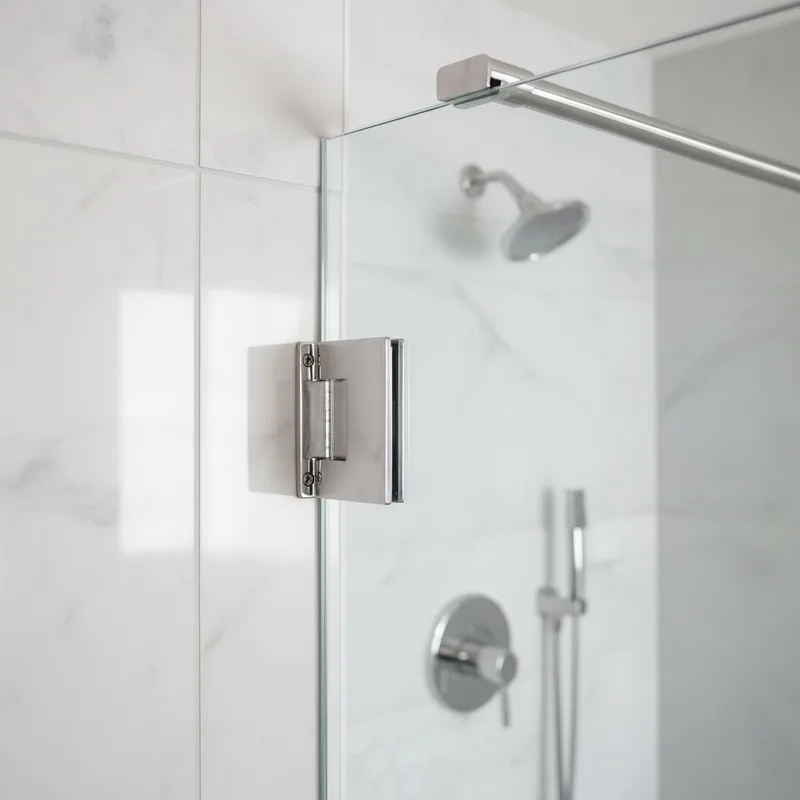 Close-up detail shot of a frameless inline shower enclosure's glass-to-hinge connection, showing precision hardware and cr...