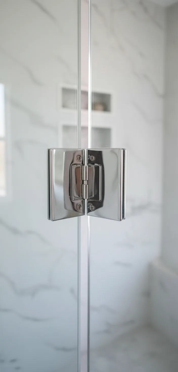 Close-up detail shot of polished chrome hinges and brackets on glass, showing the quality hardware mechanisms
