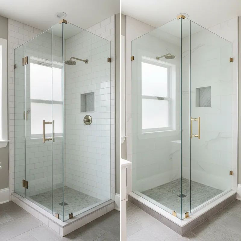A side-by-side comparison showing a poorly fitted generic shower enclosure with visible gaps and misalignment next to a pe...