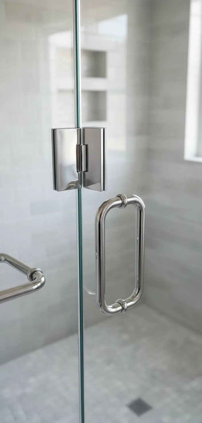 Close-up detail shots of high-quality stainless steel hinges, chrome handles, and precision hardware fittings on a glass s...