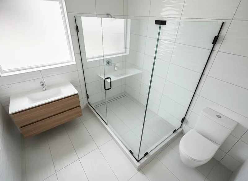 An overhead view of a bathroom corner space showing the diagonal lines of a corner angled shower enclosure installation; w...