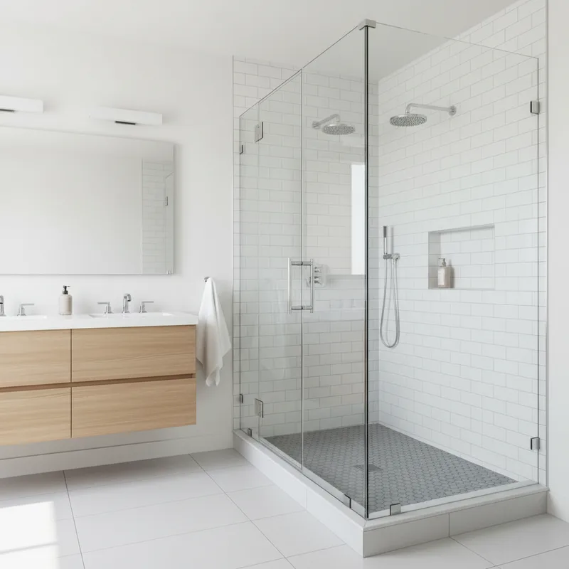 A bright, minimalist Brooklyn bathroom featuring a spacious walk-in shower enclosure with frameless glass, viewed from the...