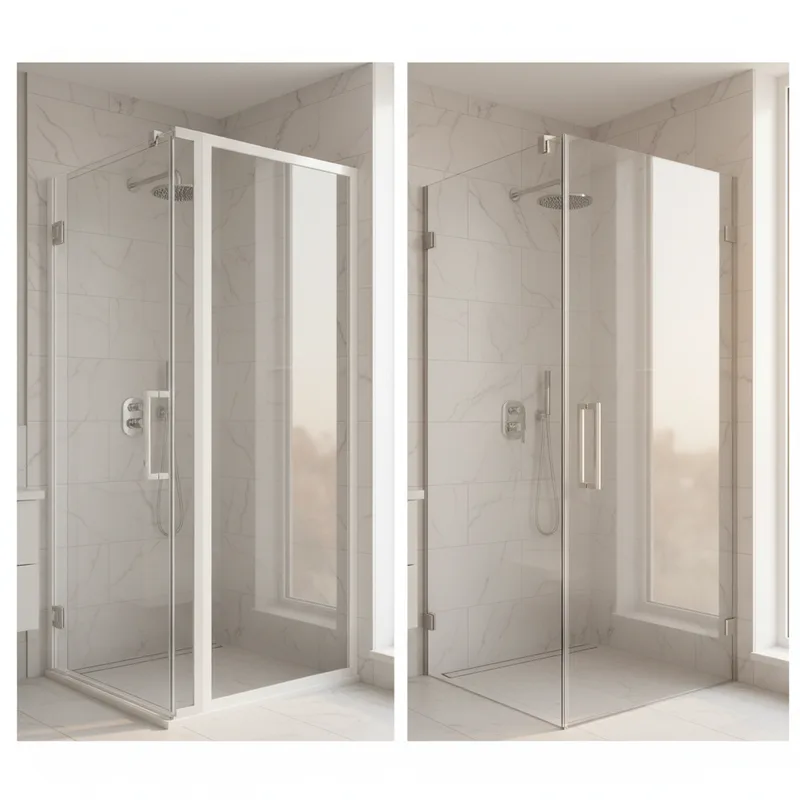Side-by-side comparison perspective: a traditional framed shower enclosure on the left with visible metal frames, and a mo...
