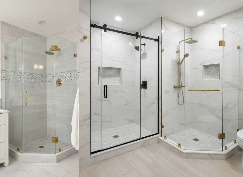 Side-by-side interior views of three different shower enclosure configurations: a corner angled enclosure in a traditional...