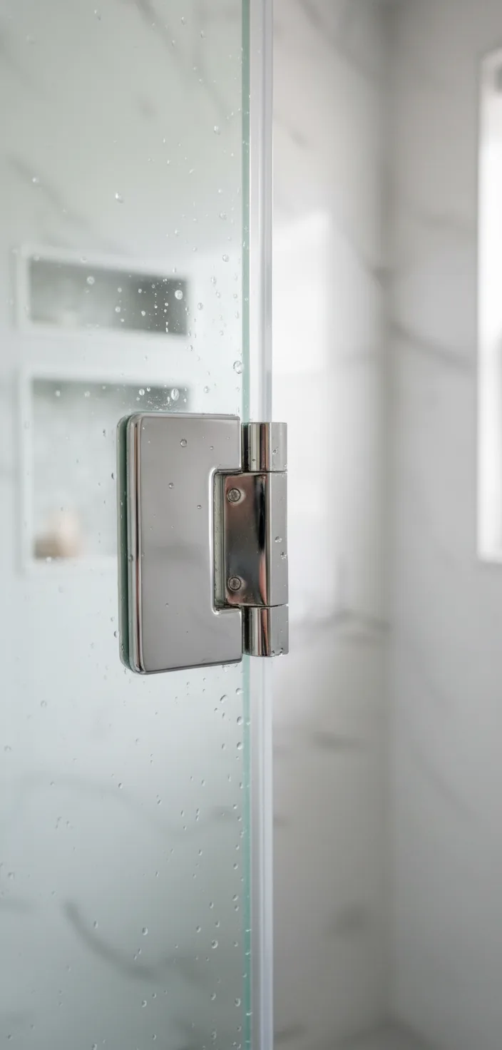 Close-up detail shot of high-quality polished chrome hinges and brackets attached to clear tempered glass, showing the pre...