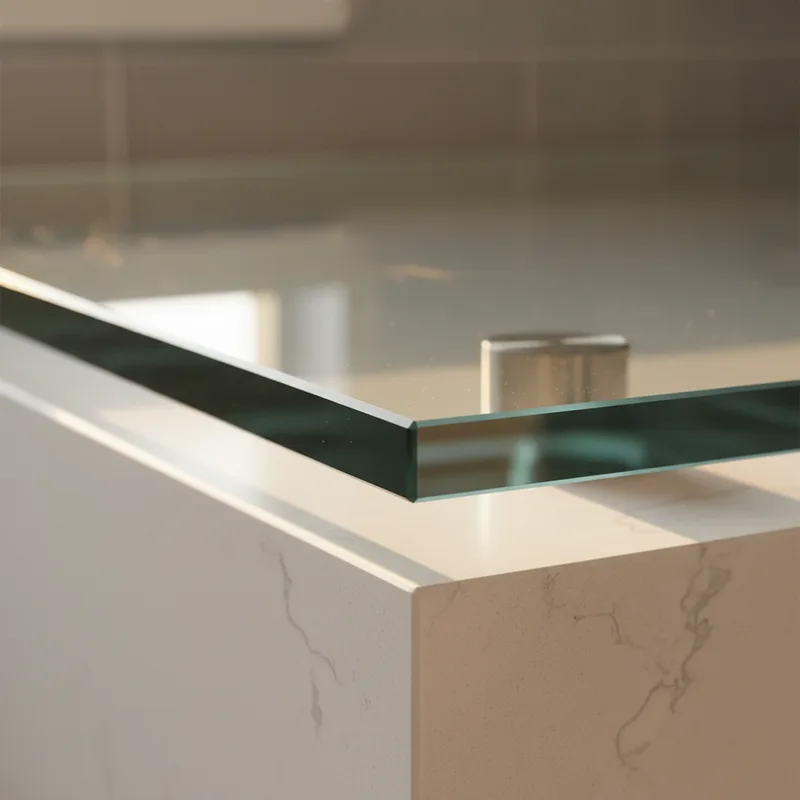 Close-up detail shot of a tempered glass countertop edge, showing the polished beveled edge with warm afternoon light crea...