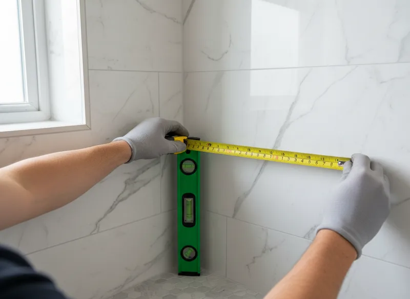 Close-up of a measuring tape being held against a bathroom wall corner, with a level tool positioned vertically beside it