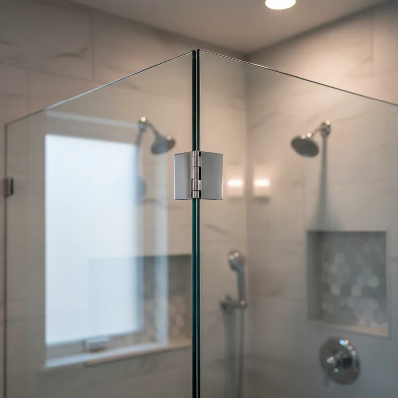 Close-up detail shot of a neo angled shower enclosure corner joint, showing precise 45-degree glass panels meeting seamles...