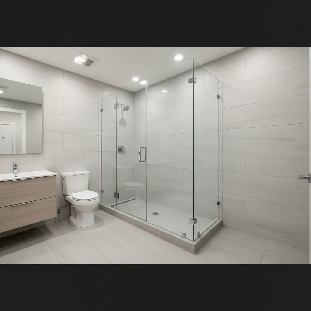 A modern bathroom in Queens featuring a sleek frameless inline shower enclosure with polished chrome hardware, installed f...