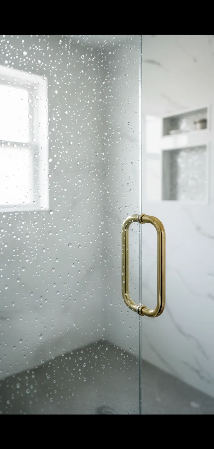 Close-up detail shot of a frameless inline shower enclosure glass panel with polished chrome handles and hardware, showing...