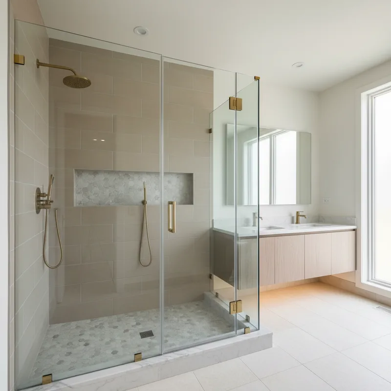 Wide-angle interior shot of a luxurious master bathroom with a spacious walk-in shower enclosure featuring clear glass doo...