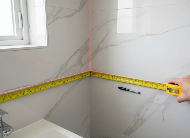 Close-up of a professional measuring a bathroom corner with a laser measuring tool, showing the tape measure extended alon...