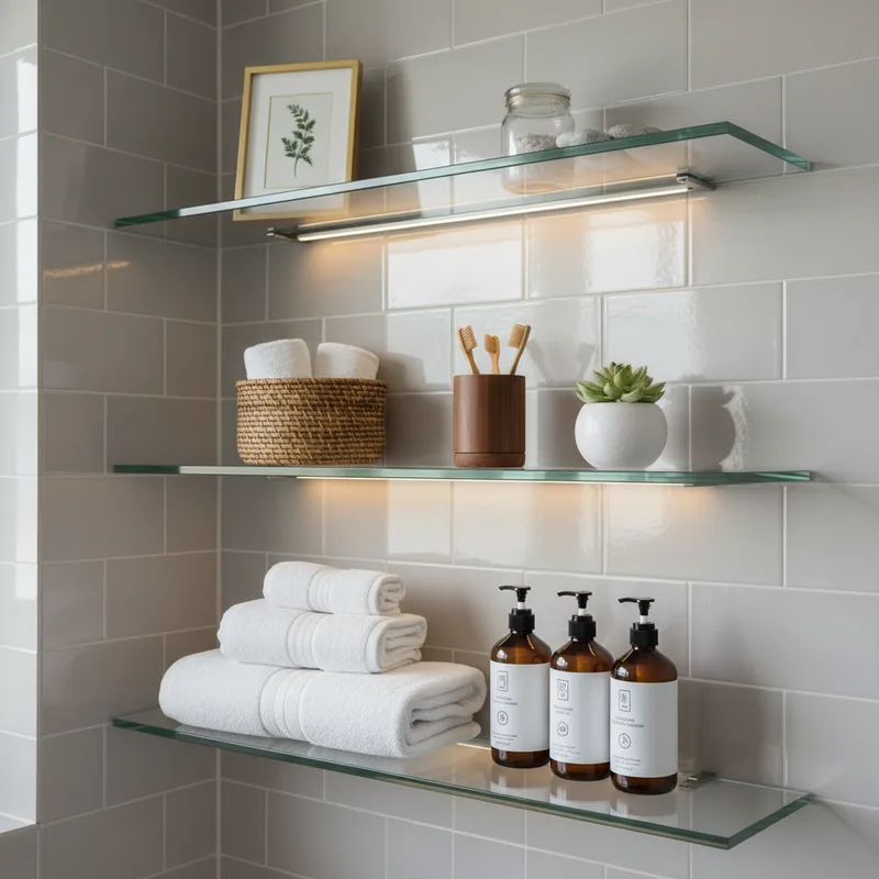 Bathroom wall featuring three custom glass shelves at different heights displaying neatly organized towels, bottles, and d...
