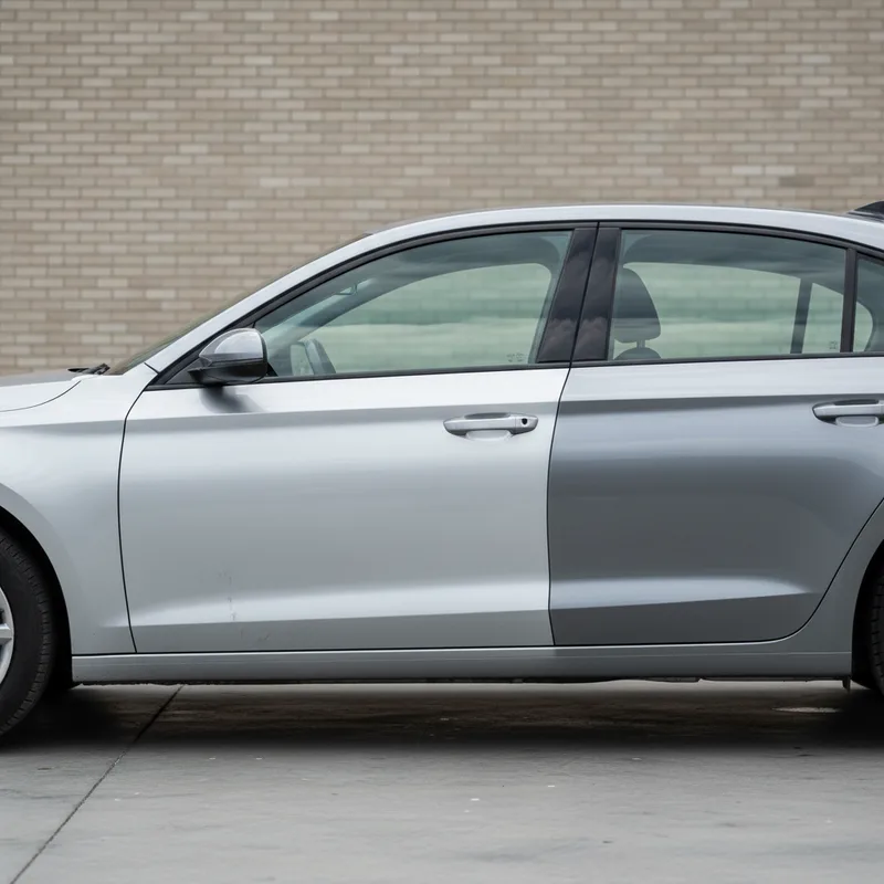 A side-by-side comparison showing a vehicle with uneven, poorly matched paint on one side and a professionally painted sur...