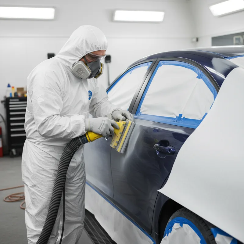 A technician wearing protective gear performing surface preparation on a vehicle panel in a well-lit shop environment, wit...