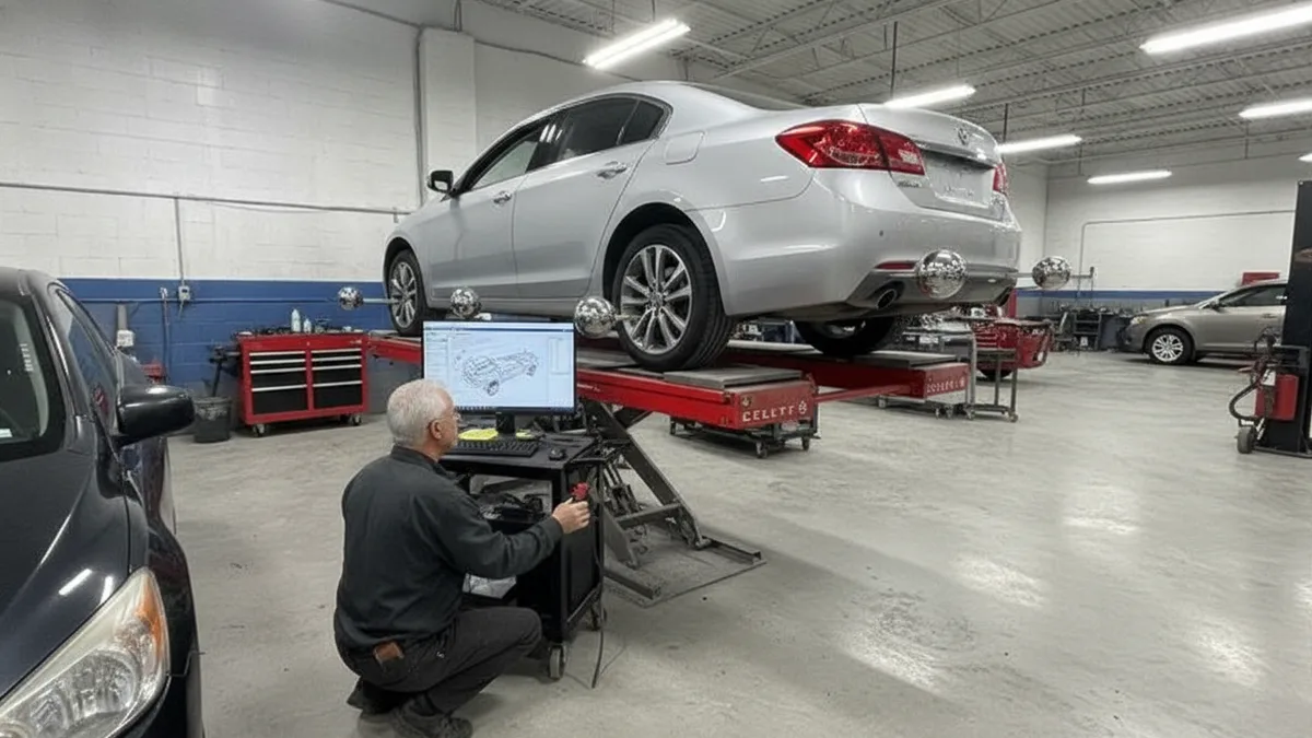 Technician operating frame alignment equipment on a vehicle in a professional auto body shop.