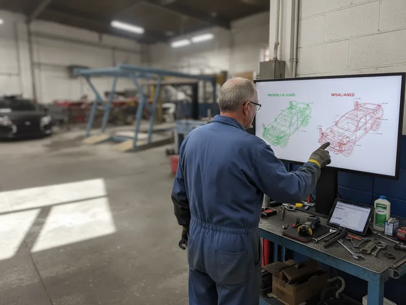 Diagnostic frame alignment display showing correct versus misaligned vehicle frame structure.