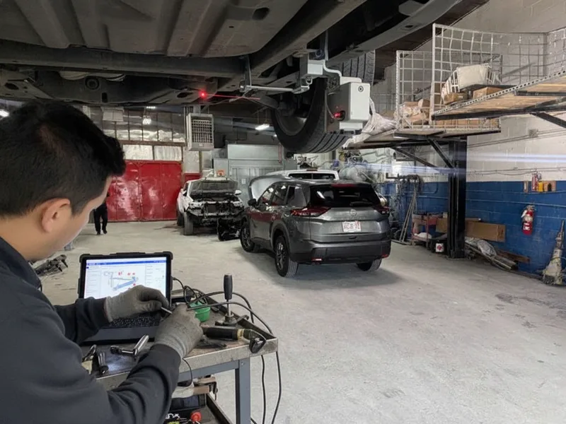 Technician calibrating frame alignment sensors on a vehicle in a collision repair facility.