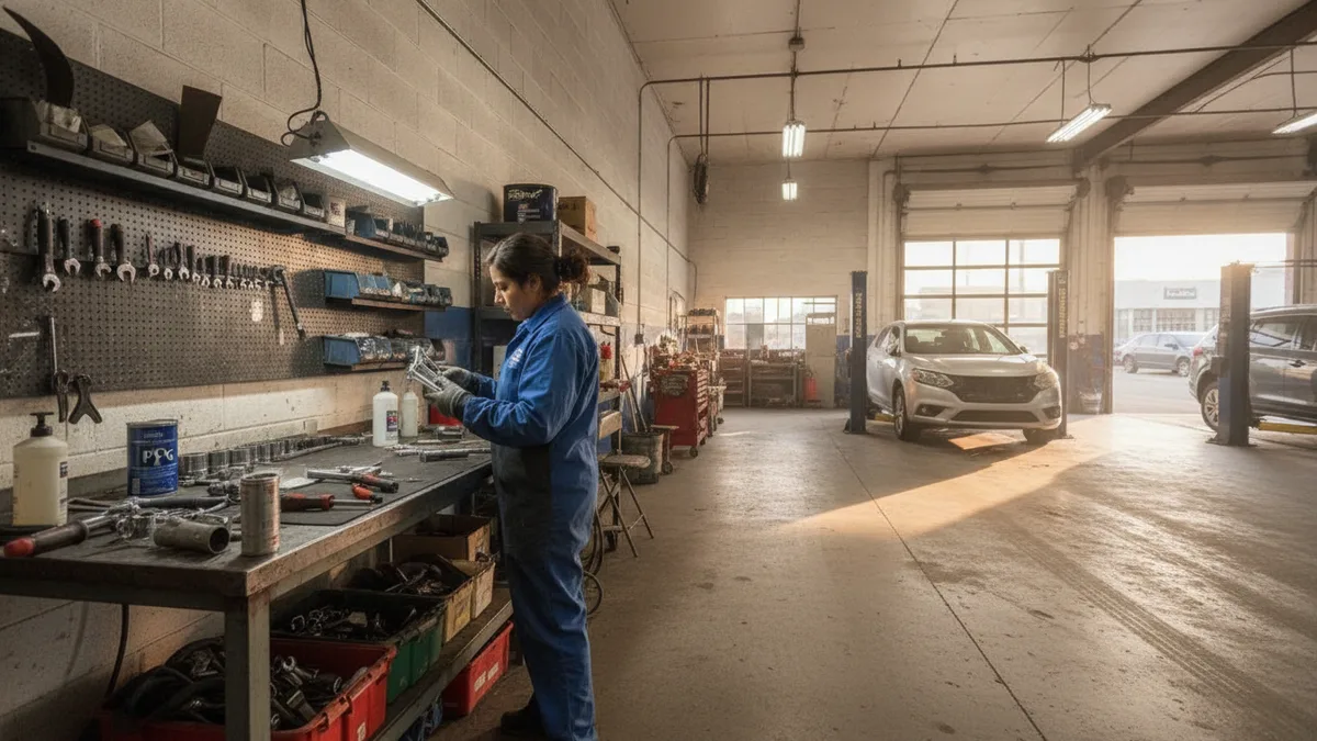 Certified technician examining a component inside a modern auto body repair shop with tools and equipment visible in the back