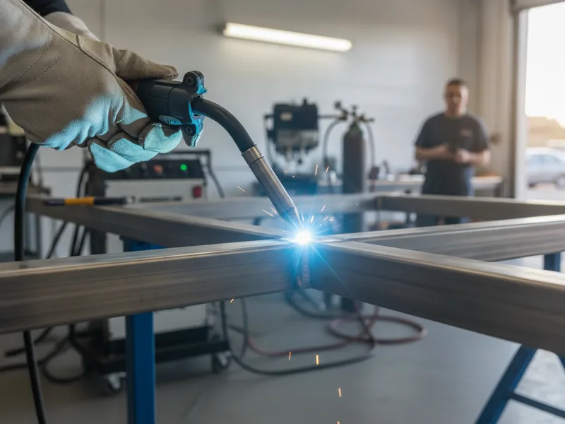 Technician performing precision aluminum welding on a vehicle frame with specialized equipment in a professional body shop.