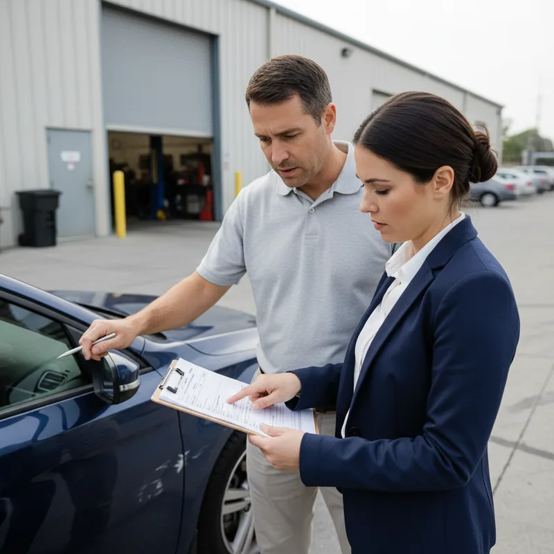 A customer and insurance claims adjuster standing beside a damaged vehicle in a repair shop parking lot, reviewing paperwo...