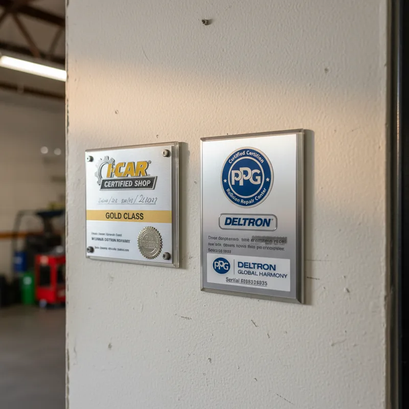 A close-up detail shot of I-CAR and PPG certification badges or credentials displayed on a shop wall, with warm workshop l...