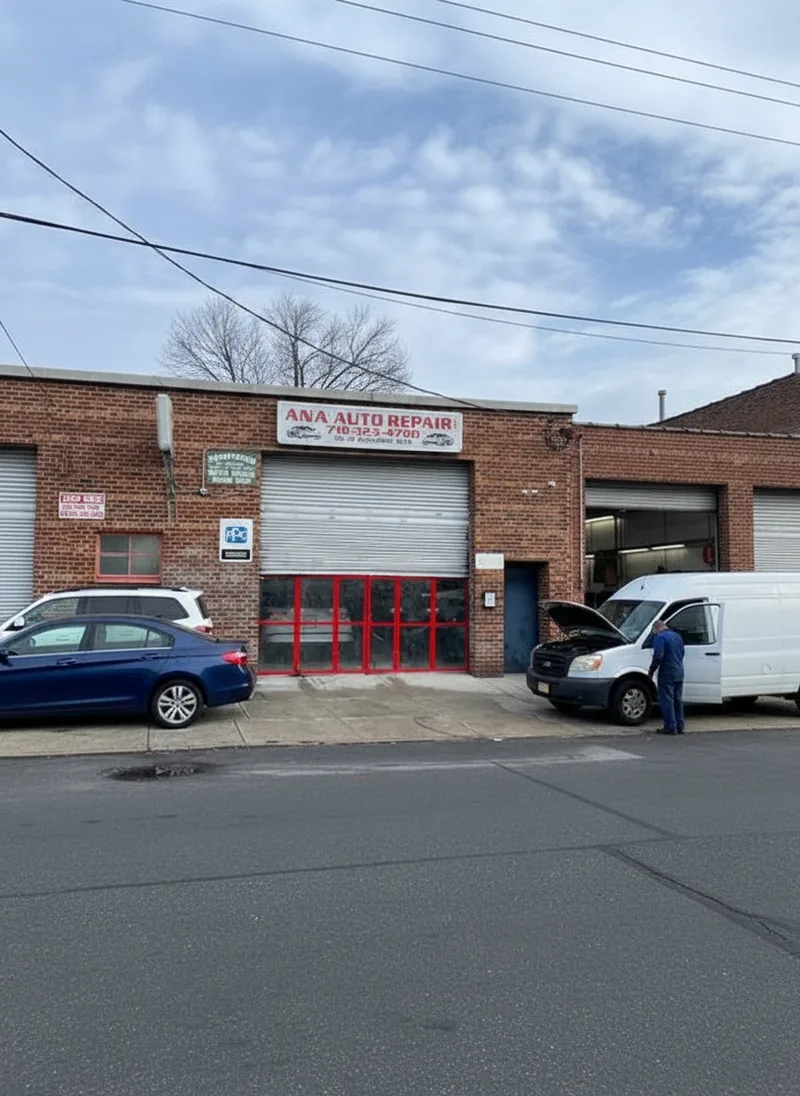 Exterior view of ANA Auto Repair facility in South Ozone Park with multiple service bays visible, professional signage, an...