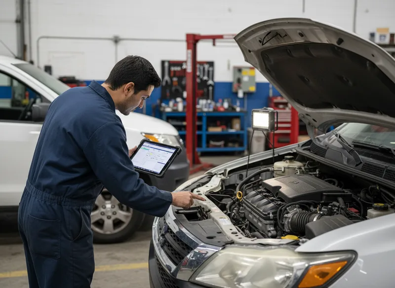 Technician performing detailed inspection of a damaged commercial vehicle using diagnostic equipment, close-up perspective...