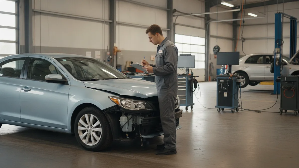 Technician inspecting vehicle damage at a collision repair shop with clipboard and diagnostic tools.