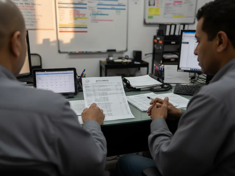 Body shop advisor presenting a written estimate document to a customer at a desk.
