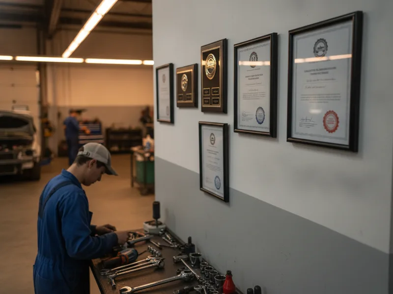 I-CAR and industry certifications displayed on a body shop wall with insurance partner logos.
