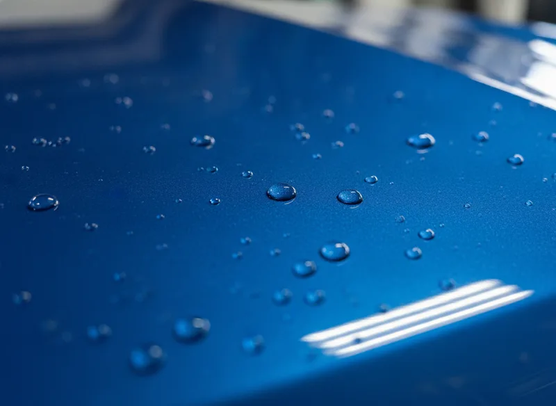 A close-up detail shot of a freshly painted car surface with water beads forming on the coating, demonstrating the protect...