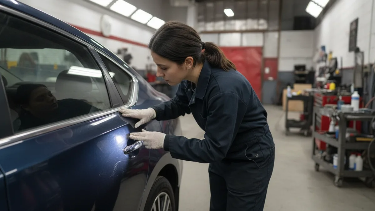 Collision repair technician inspecting vehicle damage in a modern auto body shop facility.