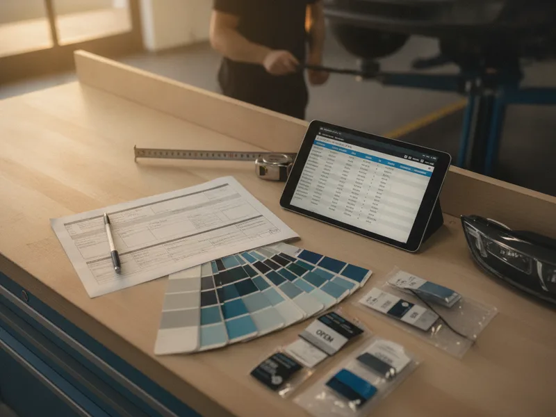 Damage assessment form, parts samples, and estimate materials on a technician's workbench.