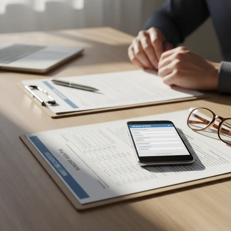A desk scene showing an accident victim reviewing insurance paperwork and quotes, with a smartphone displaying an insuranc...